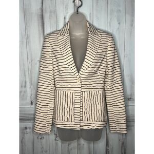 DEREK‎ LAM 10 CROSBY NAVY BLUE IVORY TEXTURED STRIPED ONE BUTTON BLAZER JACKET 2